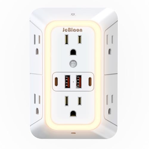 JcBlaon Wall Outlet Extender with Night Light, Power Plug Adapter 6 Outlet Extender with 4 USB Charging Ports 1050J Power Strip Multi Plug Adapter Spaced for Home Travel Office (2U2C) - Image 1