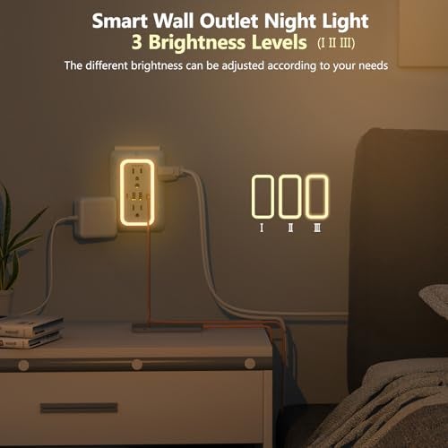 JcBlaon Wall Outlet Extender with Night Light, Power Plug Adapter 6 Outlet Extender with 4 USB Charging Ports 1050J Power Strip Multi Plug Adapter Spaced for Home Travel Office (2U2C) - Image 4