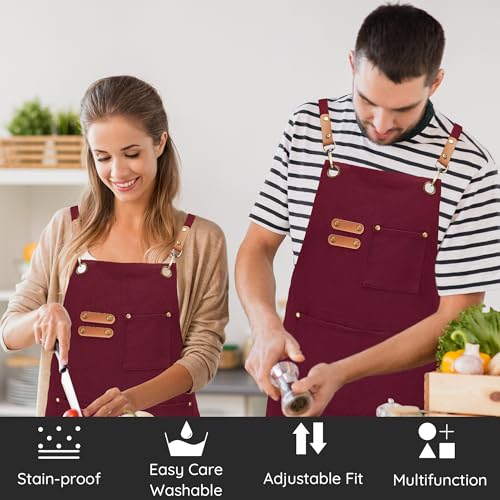 FunChaos Canvas Aprons, Work Aprons for Men Women, Chef Aprons with Adjustable Strap and 3 Pockets, Apron for Servers Kitchen Cooking Baking Artist Painting, Cross Back - Image 2
