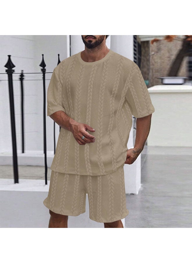 Summer Casual Knitted Solid Color round Neck Short Sleeve Sport Men's Set Short Pants Embroidery Fitness Outfit Short Shorts - Image 1