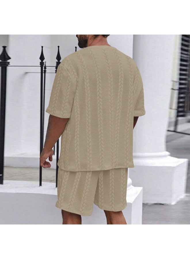 Summer Casual Knitted Solid Color round Neck Short Sleeve Sport Men's Set Short Pants Embroidery Fitness Outfit Short Shorts - Image 2