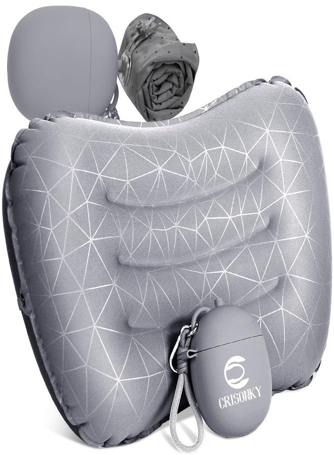 Crisonky Camping Inflatable Pillow with 2-in-1 Silicone Air Pump Storage Bag – Ultralight Travel Pillow for Airplane, Lumbar Support, Dual Valve Easy Inflate, Compressible Ergonomic (Grey) - Image 1