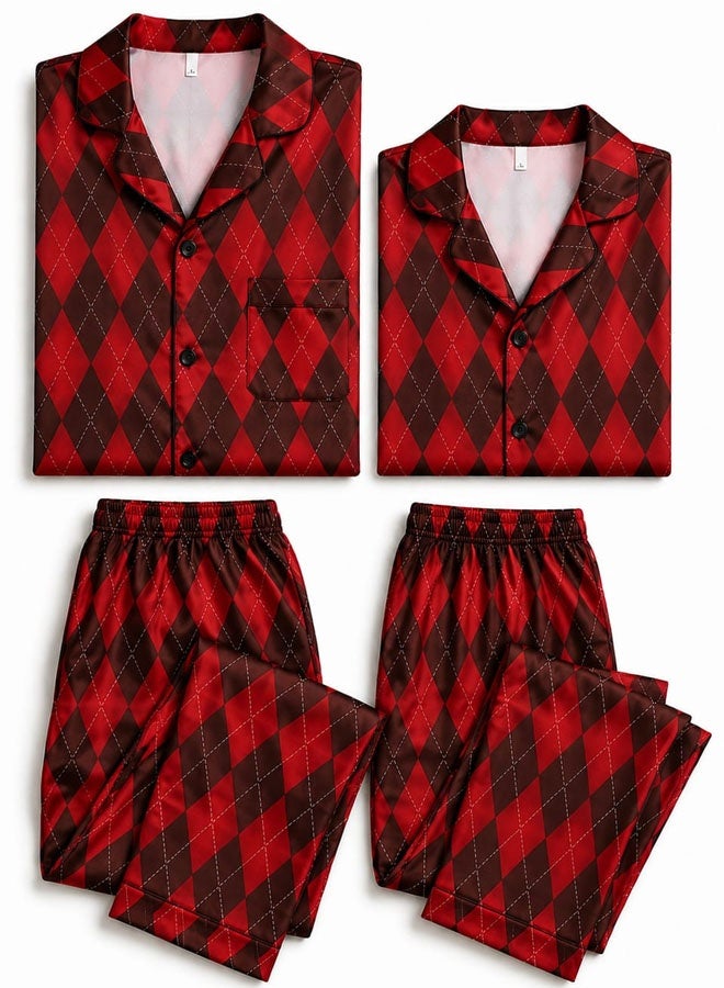 MARGOUN Matching Couples Satin Pajamas Set – Men & Women Luxury Long Sleeve Button-Down Sleepwear, Soft Argyle Diamond Check Loungewear 2-Piece Suit MG11 - Image 2