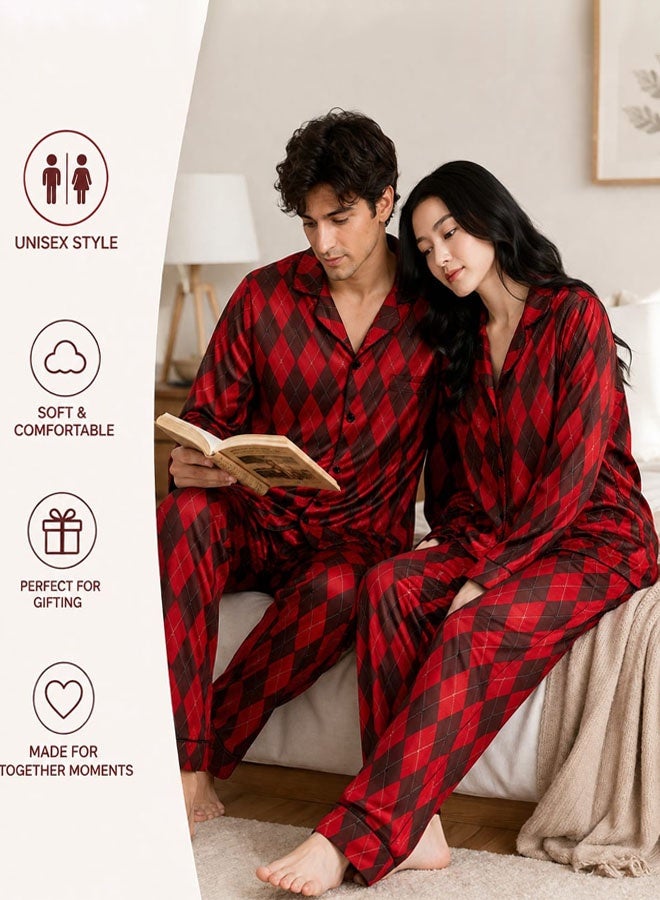 MARGOUN Matching Couples Satin Pajamas Set – Men & Women Luxury Long Sleeve Button-Down Sleepwear, Soft Argyle Diamond Check Loungewear 2-Piece Suit MG11 - Image 4