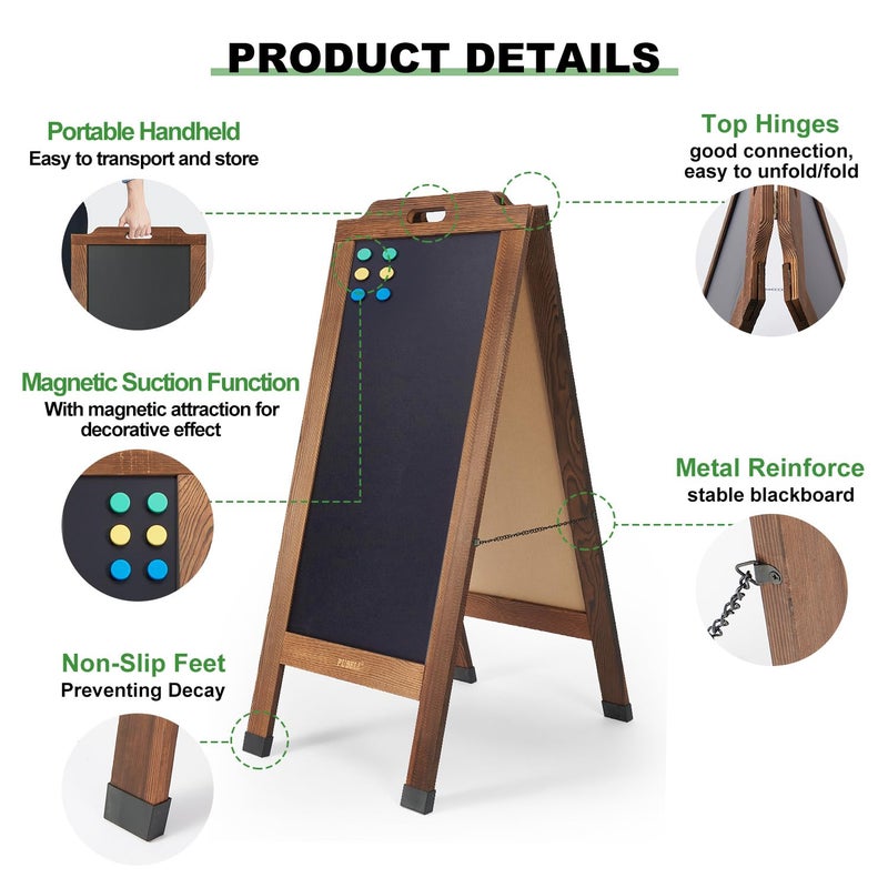 Pubell Magnetic Sandwich A-Frame Chalkboard Sign - 40 x 20 Inches, Brown Large Wooden Chalk Board for Sidewalk, Stand up Double-Sided Outdoor Easel Display for Restaurant Cafe Shop Wedding Party or Business - Image 3