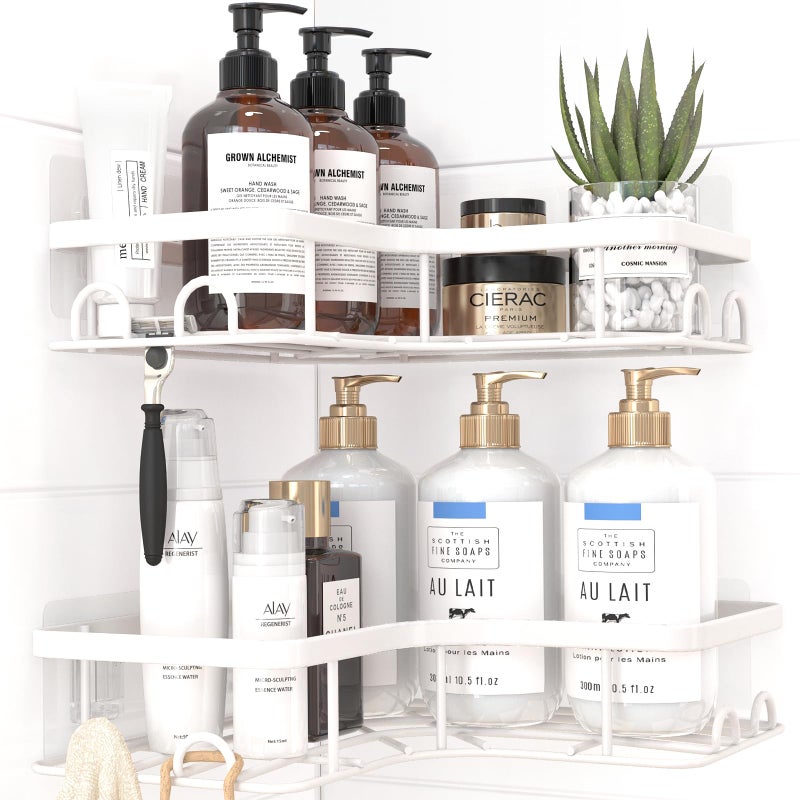 Sakugi Corner Shower Caddy - 2 Pack, Adhesive Shower Organizers, Rustproof Stainless Steel Shower Shelves with 8 Hooks, No Drilling Bathroom Organizers and Storage Racks, Space-Saving, White, Medium - Image 1