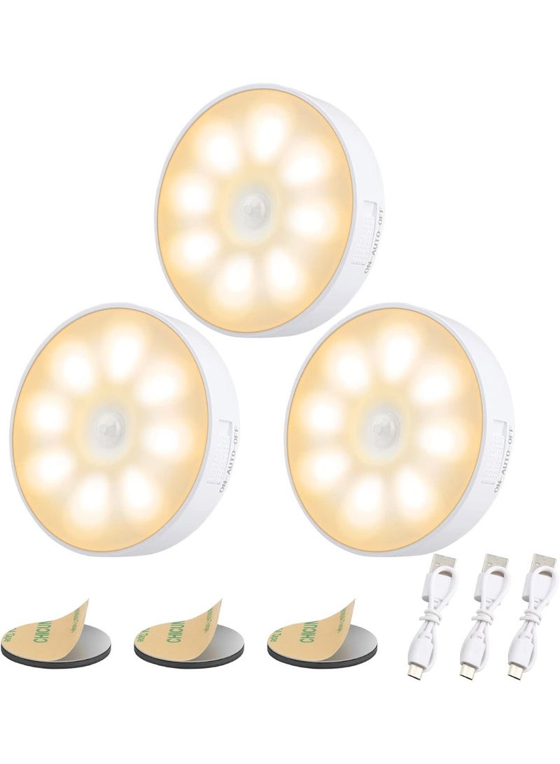 3 Pack Motion Sensor Light, Rechargeable LED Night Light [8 LEDs], with USB Cable & Magnetic Patch, 3 Modes, Cordless Safe Wall Light for Kitchen, Bookshelves, Drawers - 3000K Warm Yellow - Image 1