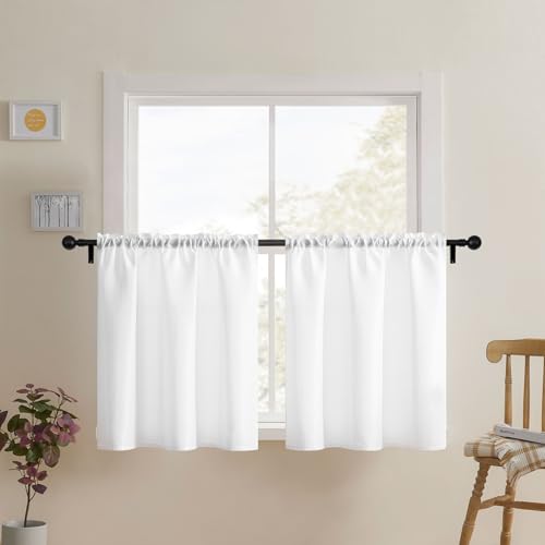 Home Queen White Waffle Bathroom Window Curtains, Water Repellent Rod Pocket Short Kitchen Drapes for Small Window, 2 Panels, 36 X 24 Each - Image 1