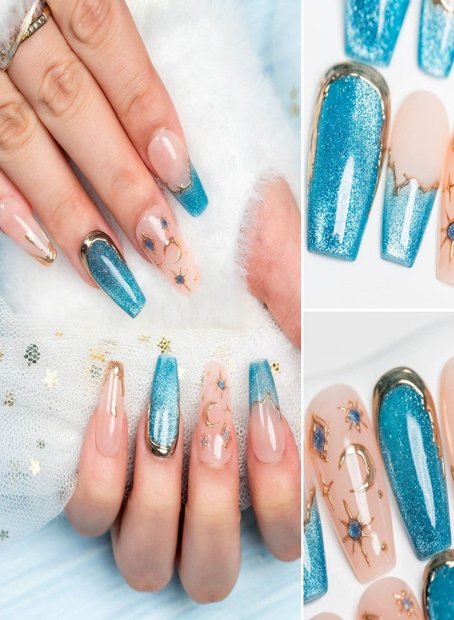 Sun&Beam Nails Handmade Press-On Medium Long Coffin Ballerina with Pink Blue Gold Color 3D Design Charm Cat Eye Cute False Nail Tips 10 Pcs (#082 L) - Image 2