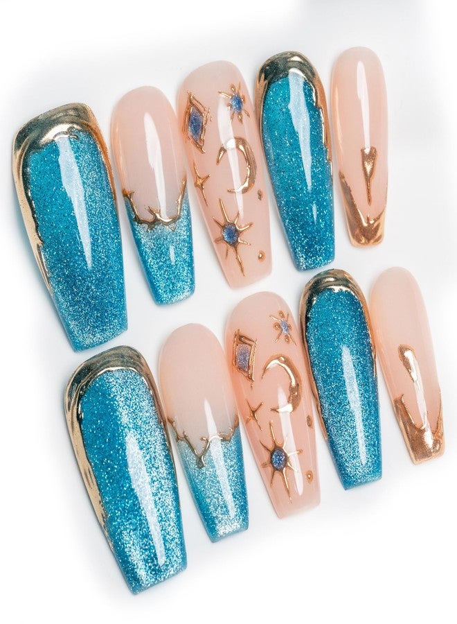 Sun&Beam Nails Handmade Press-On Medium Long Coffin Ballerina with Pink Blue Gold Color 3D Design Charm Cat Eye Cute False Nail Tips 10 Pcs (#082 L) - Image 1