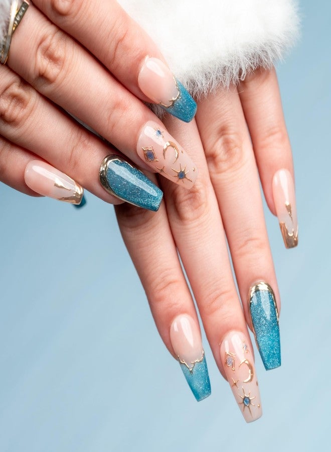 Sun&Beam Nails Handmade Press-On Medium Long Coffin Ballerina with Pink Blue Gold Color 3D Design Charm Cat Eye Cute False Nail Tips 10 Pcs (#082 L) - Image 3