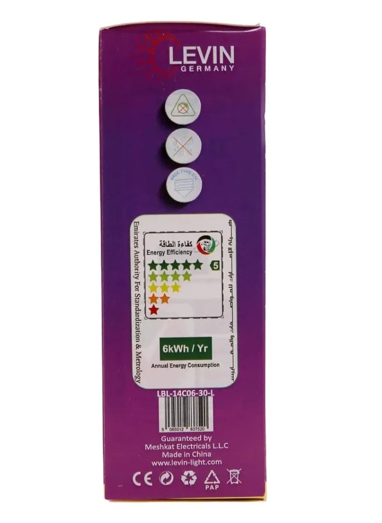 Levin Germany مصباح شمعة Levin E14 LED C37 6 وات 3000 كلفن أبيض دافئ 175-265 فولت IP20 220 درجة 38 × L110، خالٍ من الوميض غير قابل للتعتيم، لمسة نهائية غير لامعة، مناسب للتطبيقات السكنية والتجارية كإضاءة زخرفية.  - Image 5