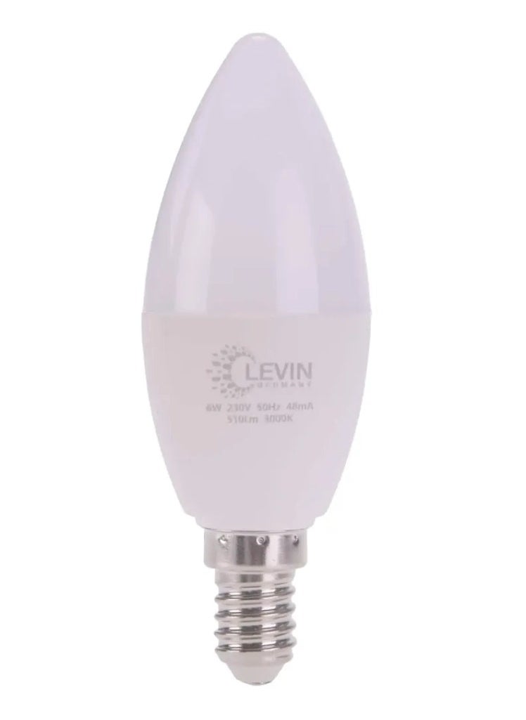 Levin Germany مصباح شمعة Levin E14 LED C37 6 وات 3000 كلفن أبيض دافئ 175-265 فولت IP20 220 درجة 38 × L110، خالٍ من الوميض غير قابل للتعتيم، لمسة نهائية غير لامعة، مناسب للتطبيقات السكنية والتجارية كإضاءة زخرفية.  - Image 2