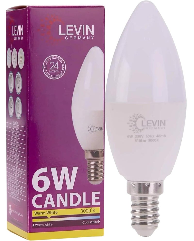 Levin Germany 6W LED Candle Bulb E14 3000K Warm White, Energy Saving C37 Filament Candle Light, 510lm Decorative LED Lamp for Chandelier, Home & Hotel Lighting, 230V Non Dimmable - Image 1