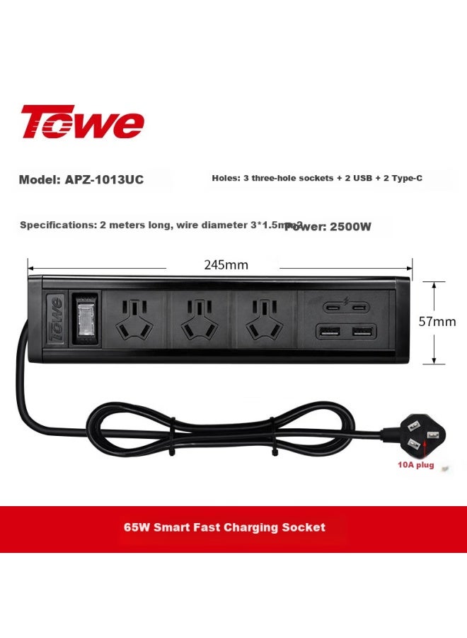 Towe, National Standard 10a Black Aluminum Alloy Shell, Usb-c High-power 65w Fast Charging, 3 National Standard Five-hole + 2 Usb + 2 C-port Desktop Gaming Pdu Socket - Image 1