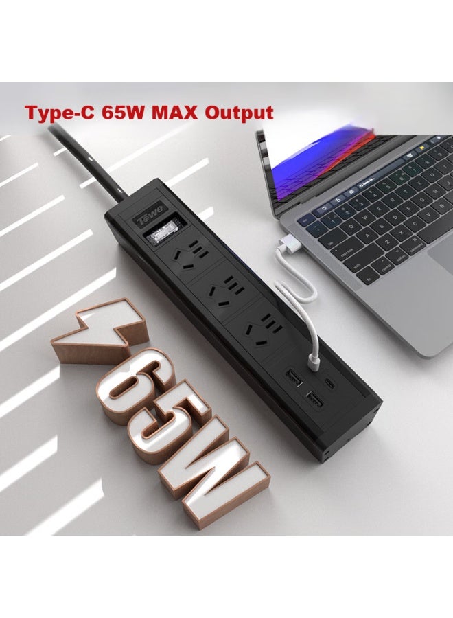 Towe, National Standard 10a Black Aluminum Alloy Shell, Usb-c High-power 65w Fast Charging, 3 National Standard Five-hole + 2 Usb + 2 C-port Desktop Gaming Pdu Socket - Image 3