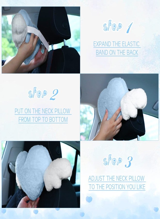 Macarrie 2 Pcs Plush Heart Shaped Pillow with Angel Wings Car Headrest Soft Comfortable Car Seat Pillow for Driving Travelling Room Office Car Decor, 19.7 x 8.3 Inch(Light Blue) - Image 4