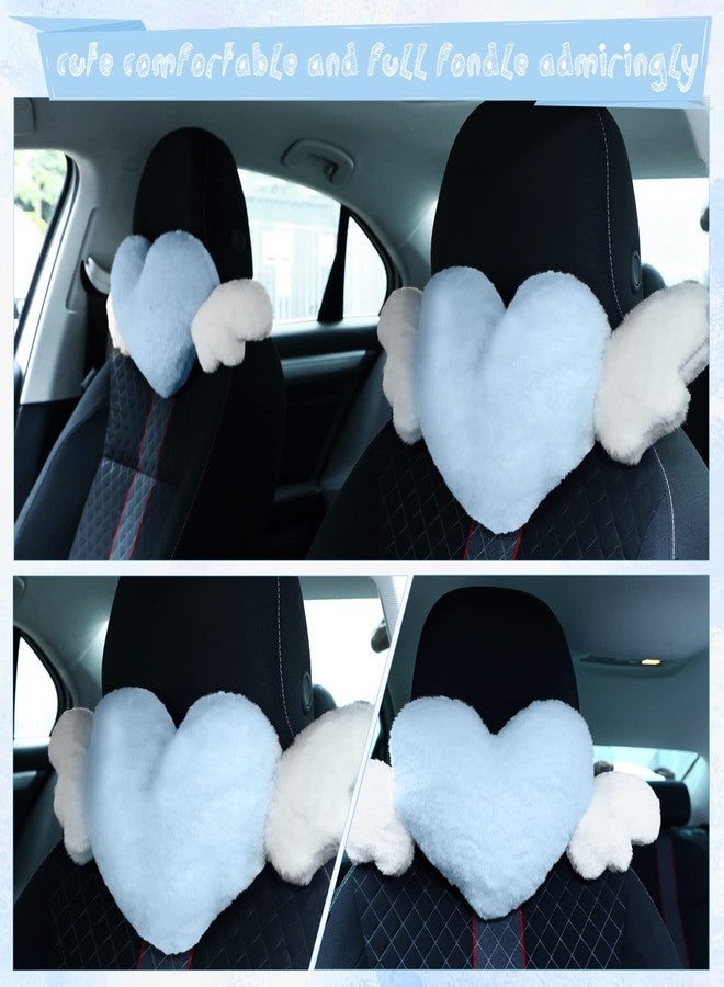 Macarrie 2 Pcs Plush Heart Shaped Pillow with Angel Wings Car Headrest Soft Comfortable Car Seat Pillow for Driving Travelling Room Office Car Decor, 19.7 x 8.3 Inch(Light Blue) - Image 5
