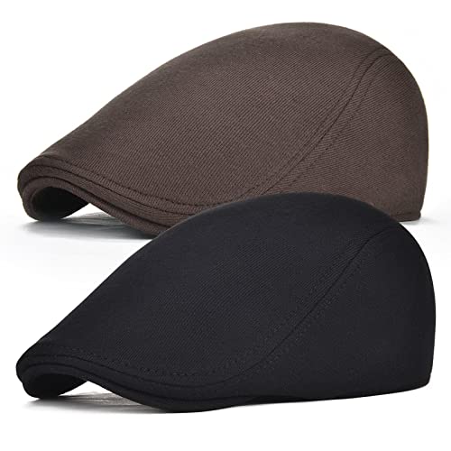 FEINION 2 Pack Men Cotton Newsboy Cap Soft Fit Cabbie Hat (Black/Brown) - Image 1