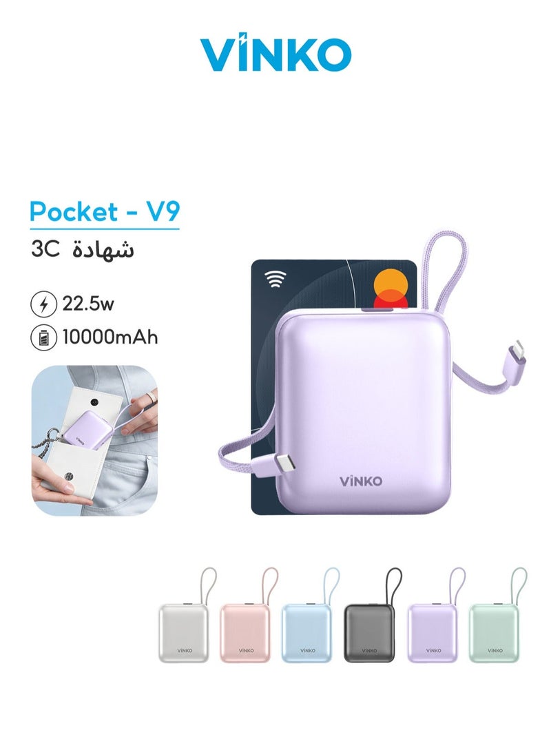 VINKO V9 10000mAh Mini Power Bank,22.5W Fast Charging,Pocket-size, Built-in Cable Lightning+Type-c,Two-Way Charging with Usb-C Integrated Cable, One Usb-C Port, Smart Digital Display,Mobile Power Suitable For iPhone17promax/16pro/16/15/14 series,SamsungGalaxyS24/S23Series,samsung,xiaomi,huawei,Android Tablets, Gaming Devices, Can Travel Anywhere by Plane-Purple - Image 1