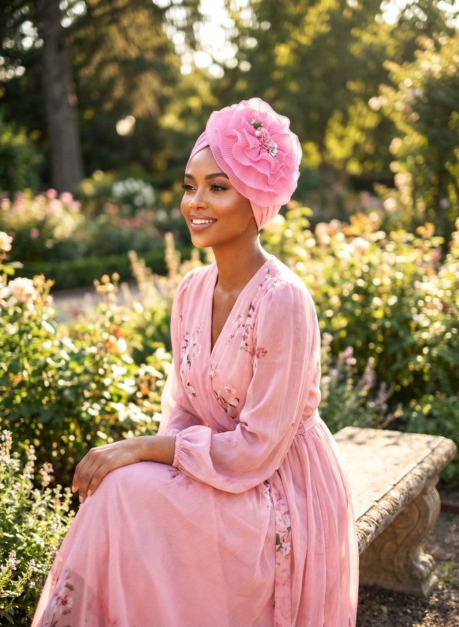 Bohend Flower Turbans Cap Pearl Knot Headwarp Beanie Pre Tied Head Cover Bonnet Women Muslim Stretchy Pleated Headscarf Hat (Polyester, Pink) - Image 3
