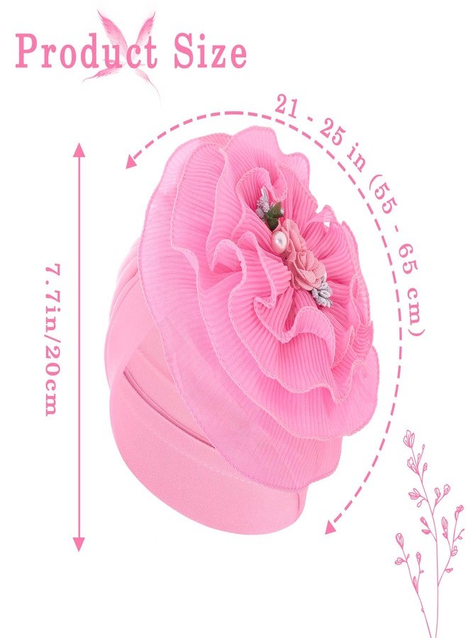 Bohend Flower Turbans Cap Pearl Knot Headwarp Beanie Pre Tied Head Cover Bonnet Women Muslim Stretchy Pleated Headscarf Hat (Polyester, Pink) - Image 4