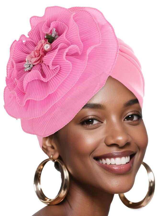 Bohend Flower Turbans Cap Pearl Knot Headwarp Beanie Pre Tied Head Cover Bonnet Women Muslim Stretchy Pleated Headscarf Hat (Polyester, Pink) - Image 1