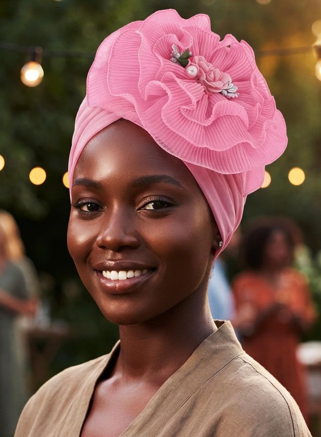 Bohend Flower Turbans Cap Pearl Knot Headwarp Beanie Pre Tied Head Cover Bonnet Women Muslim Stretchy Pleated Headscarf Hat (Polyester, Pink) - Image 2