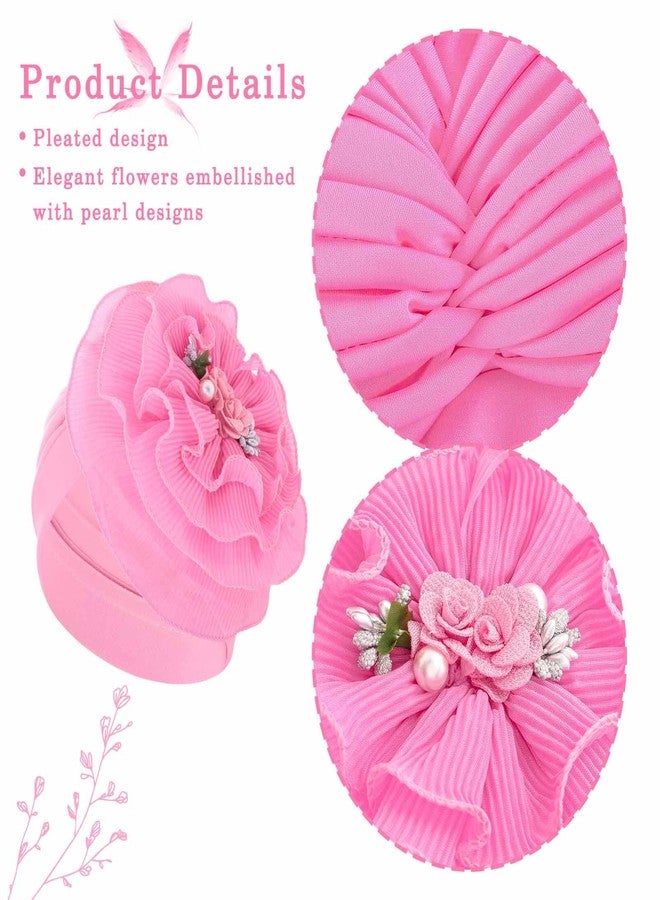 Bohend Flower Turbans Cap Pearl Knot Headwarp Beanie Pre Tied Head Cover Bonnet Women Muslim Stretchy Pleated Headscarf Hat (Polyester, Pink) - Image 5