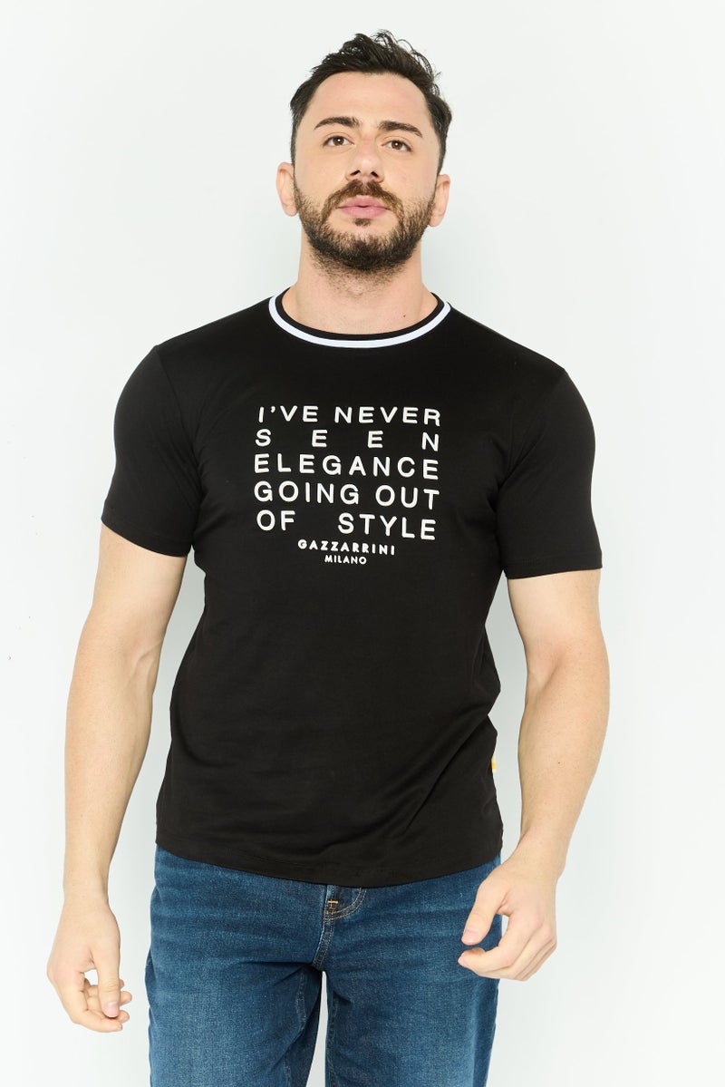 Gazzarrini تي شيرت رجالي بأكمام قصيرة وياقة دائرية بشعار العلامة التجارية، أسود - Image 1