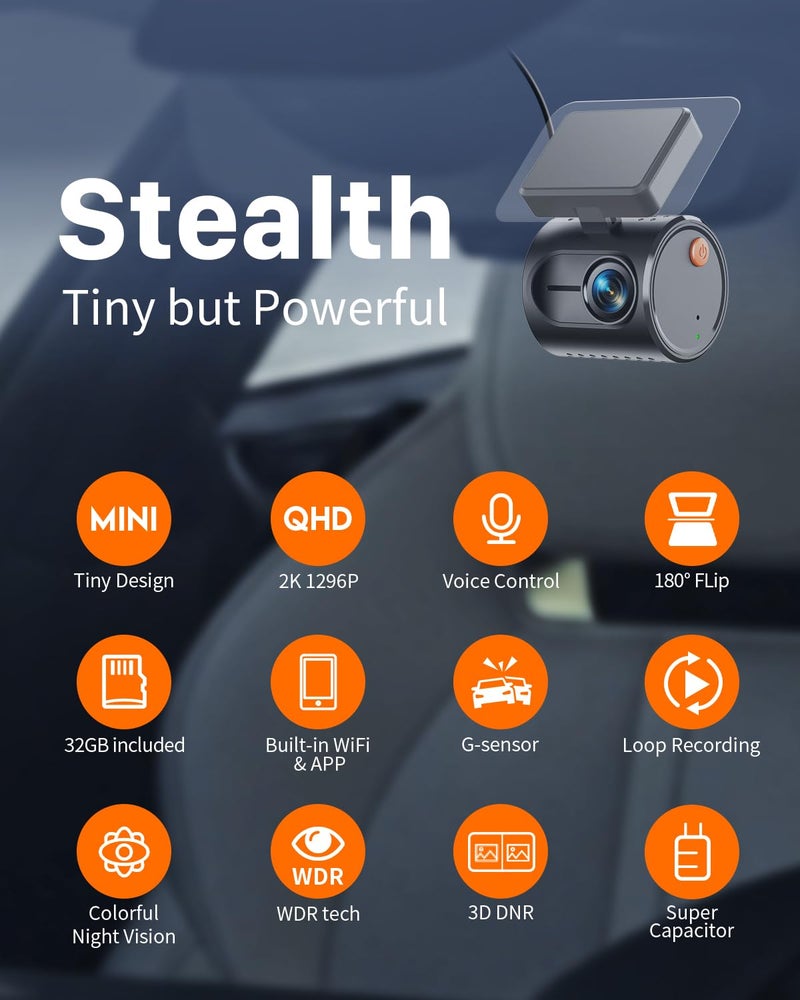 KAWA 2K Tiny Dash Cam, 1296P QHD Mini Car Camera DashCam - Voice Control, G -Sensor, Free 32GB TF Card, Built-in WiFi, APP Control, WDR/3D DNR with Super Night Vision, 24H Parking Mode - Image 2