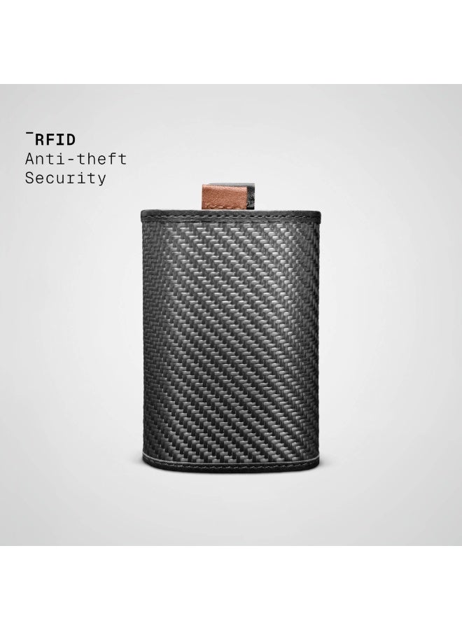 The Frenchie Co. Speed Wallet | Ultra Slim Front Pocket Wallet for Men & Women | RFID Blocking Quick-Access Card Holder with Pull Tab | Carbon Fiber with Full-Grain Italian Leather Minimalist Design | Holds up to 14 Cards & Cash (Black-Tan) - Image 4