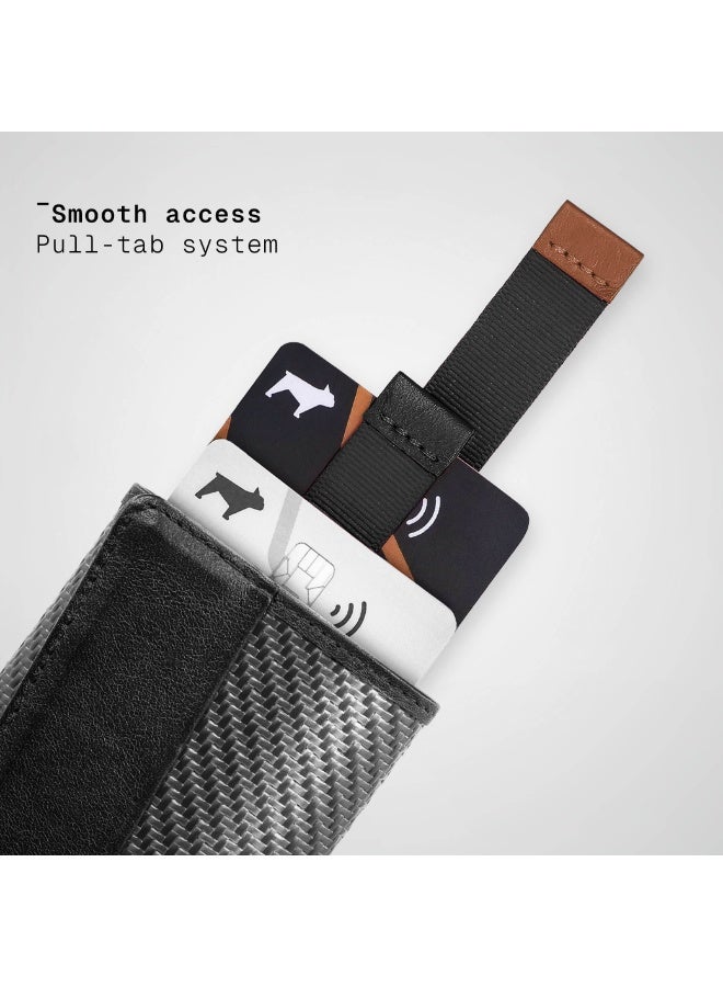 The Frenchie Co. Speed Wallet | Ultra Slim Front Pocket Wallet for Men & Women | RFID Blocking Quick-Access Card Holder with Pull Tab | Carbon Fiber with Full-Grain Italian Leather Minimalist Design | Holds up to 14 Cards & Cash (Black-Tan) - Image 5