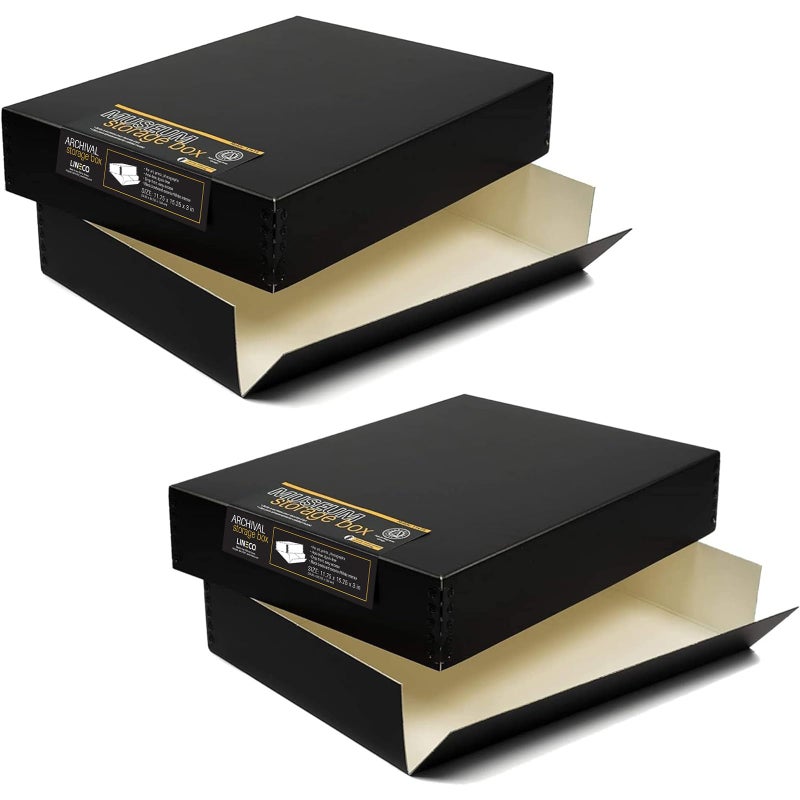 Lineco 11x14 Museum Storage Box Black Archival Quality AcidFree Buffered Drop Front Design with Metal Edges Removable Lid 11 34x1525x3 In 2 Pack