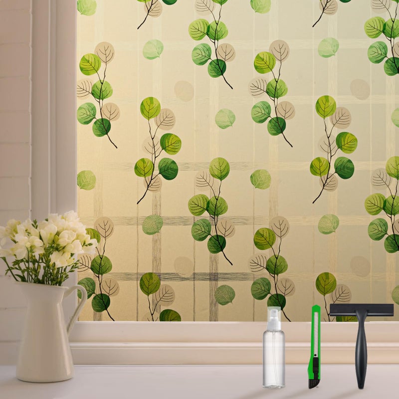 DKTIE Eucalyptus Leaves Stained Glass Window Film with Installation Tools, INS Style Window Privacy Film Decorative, Nordic Style for Home Decor (S541, 17.7'' x 78.7'') - Image 1
