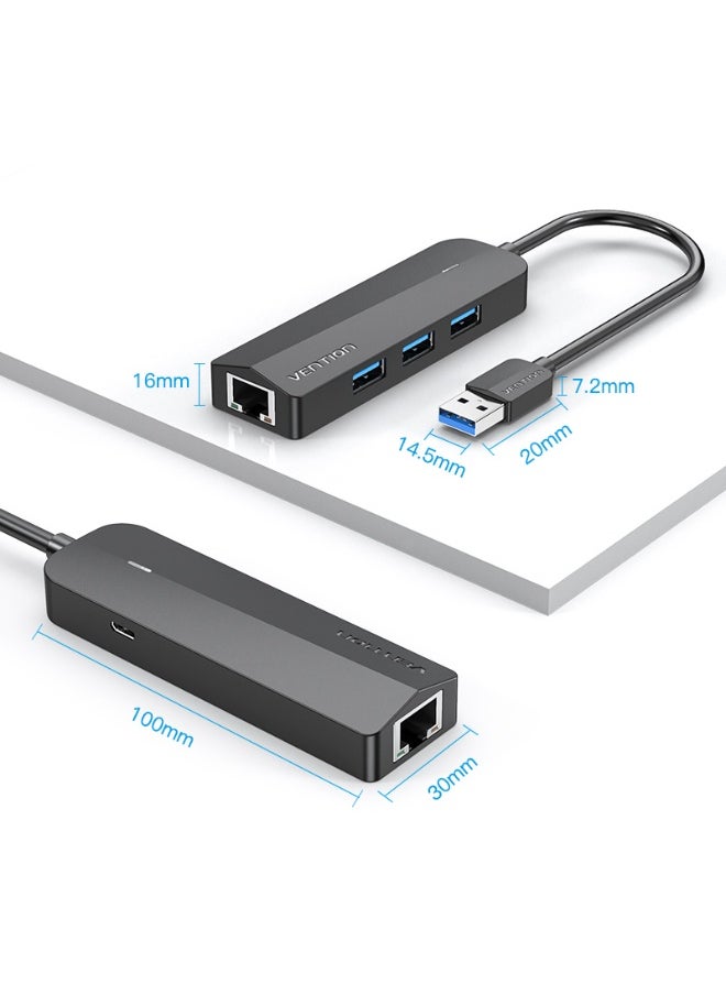 فينشن - موزع USB 3.0 بثلاثة منافذ من VENTION مع محول جيجابت إيثرنت 0.15 متر أسود، رقم الموديل CHNBB - Image 1