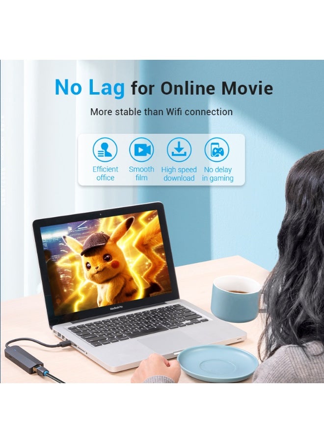 فينشن - موزع USB 3.0 بثلاثة منافذ من VENTION مع محول جيجابت إيثرنت 0.15 متر أسود، رقم الموديل CHNBB - Image 1