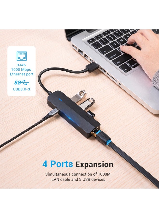فينشن - موزع USB 3.0 بثلاثة منافذ من VENTION مع محول جيجابت إيثرنت 0.15 متر أسود، رقم الموديل CHNBB - Image 1