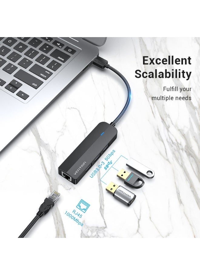 فينشن - موزع USB 3.0 بثلاثة منافذ من VENTION مع محول جيجابت إيثرنت 0.15 متر أسود، رقم الموديل CHNBB - Image 1