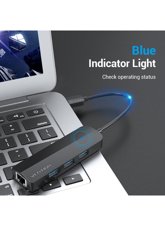 فينشن - موزع USB 3.0 بثلاثة منافذ من VENTION مع محول جيجابت إيثرنت 0.15 متر أسود، رقم الموديل CHNBB - Image 1