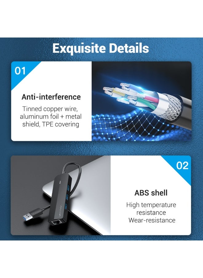 فينشن - موزع USB 3.0 بثلاثة منافذ من VENTION مع محول جيجابت إيثرنت 0.15 متر أسود، رقم الموديل CHNBB - Image 1