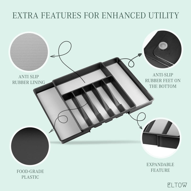 ELTOW Water rust proof ELTOW Expandable Silverware Drawer Organizer, 8 Compartment Non-Slip & Adjustable Silverware Trays For Kitchen Drawers, Kitchen Organization for Utensils, Cutlery, Flatware Storage - Black Shock rubber edge - Image 3