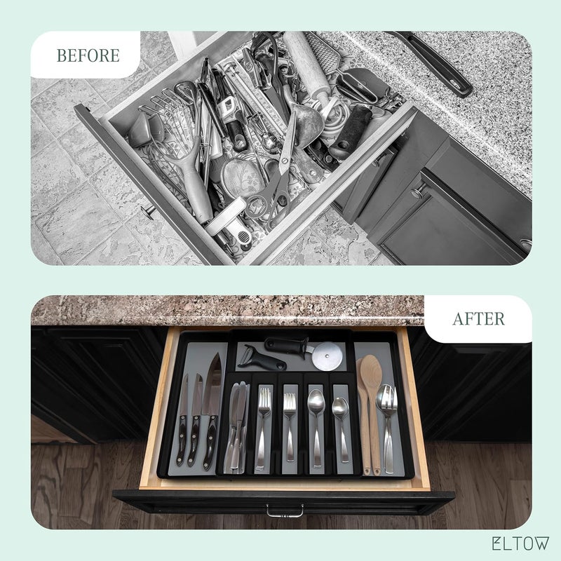 ELTOW Water rust proof ELTOW Expandable Silverware Drawer Organizer, 8 Compartment Non-Slip & Adjustable Silverware Trays For Kitchen Drawers, Kitchen Organization for Utensils, Cutlery, Flatware Storage - Black Shock rubber edge - Image 5