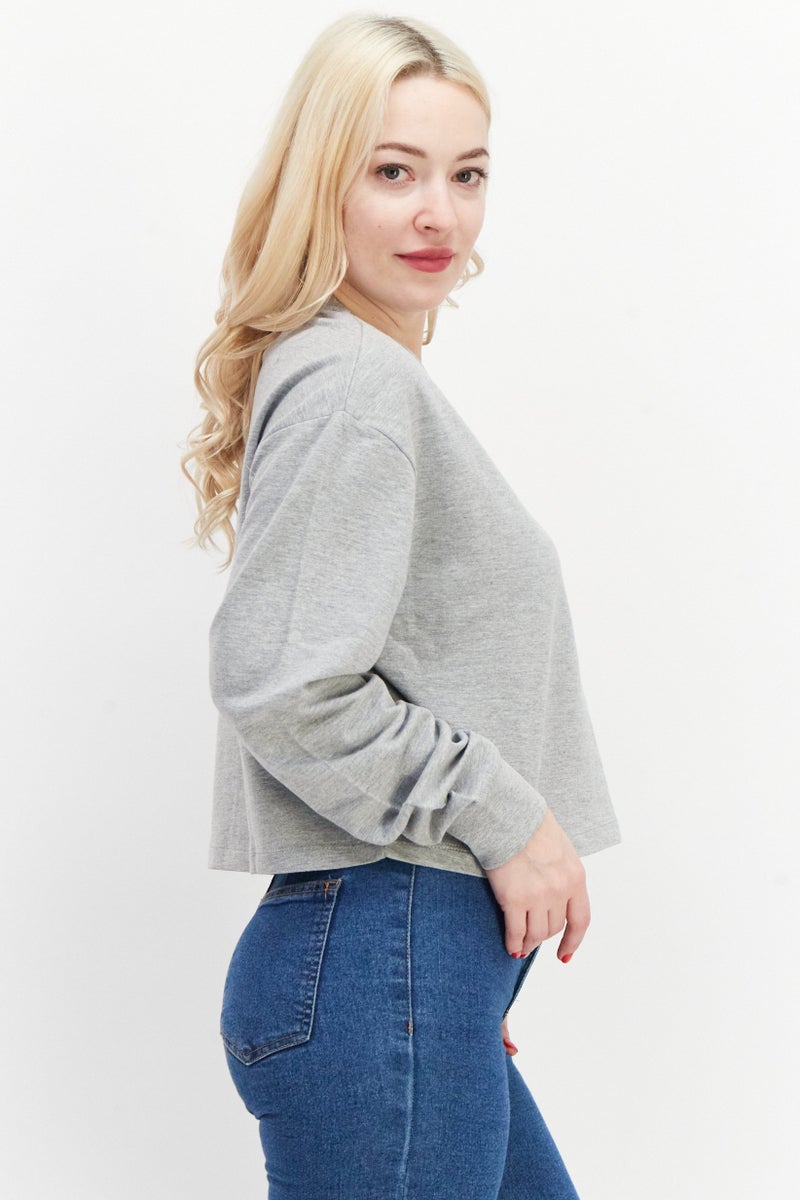 BRAVE SOUL Women Crew Neck Long Sleeves Solid Sweatshirt, Grey - Image 4