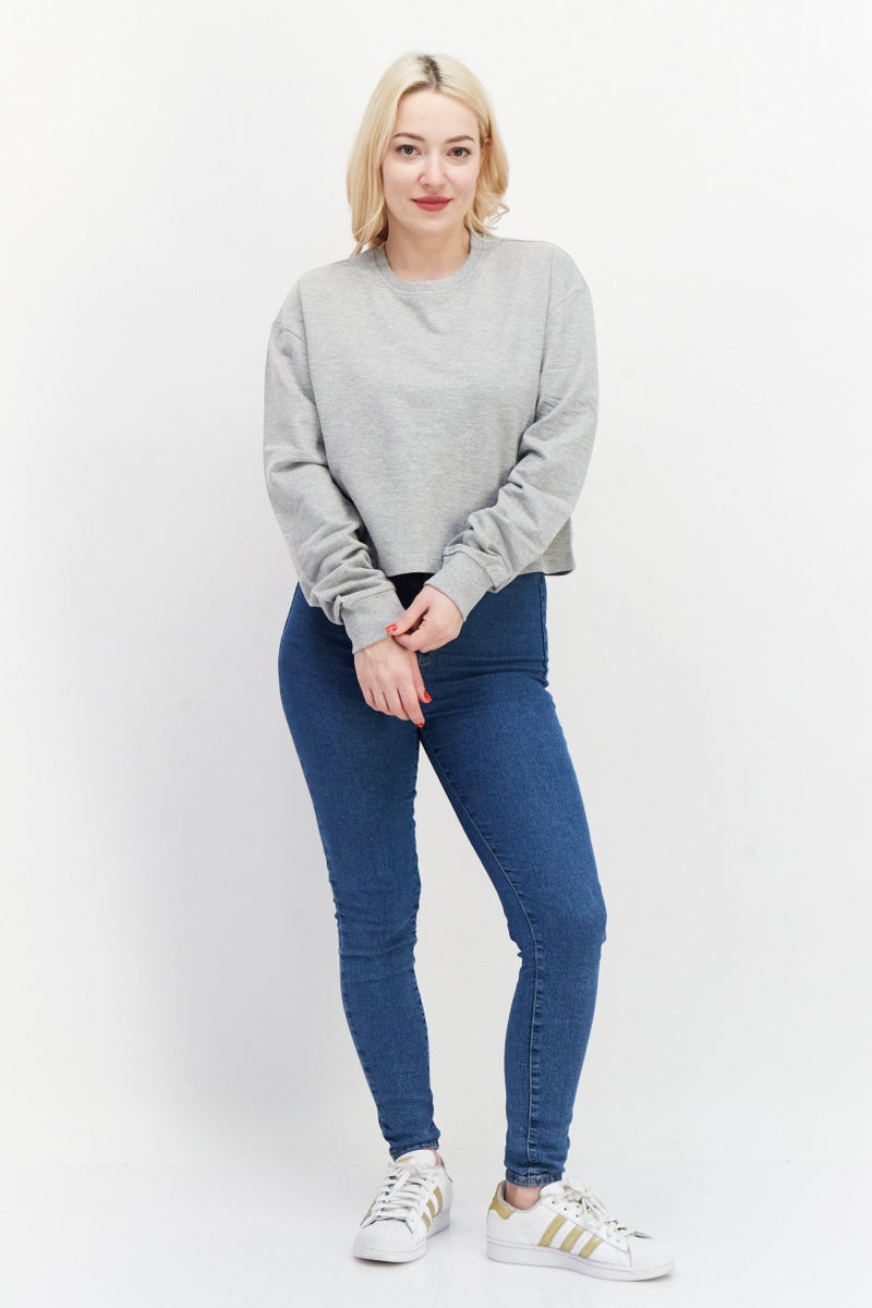 BRAVE SOUL Women Crew Neck Long Sleeves Solid Sweatshirt, Grey - Image 2