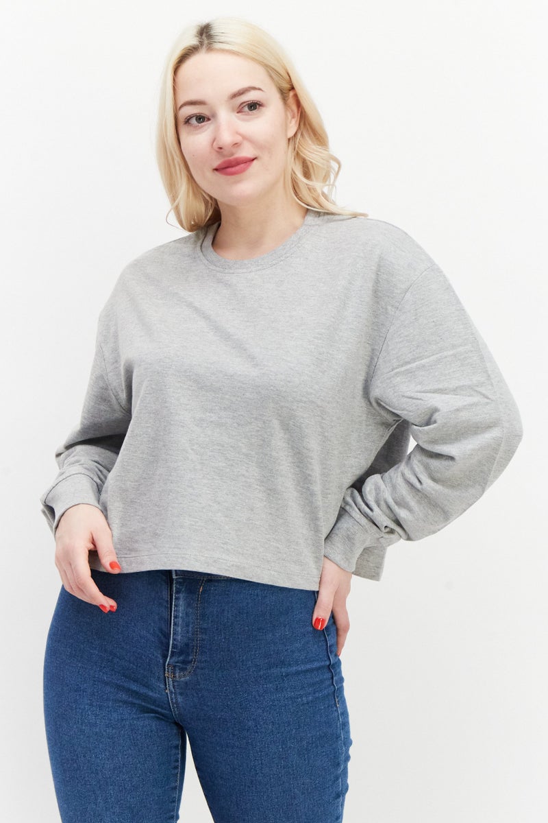 BRAVE SOUL Women Crew Neck Long Sleeves Solid Sweatshirt, Grey - Image 1