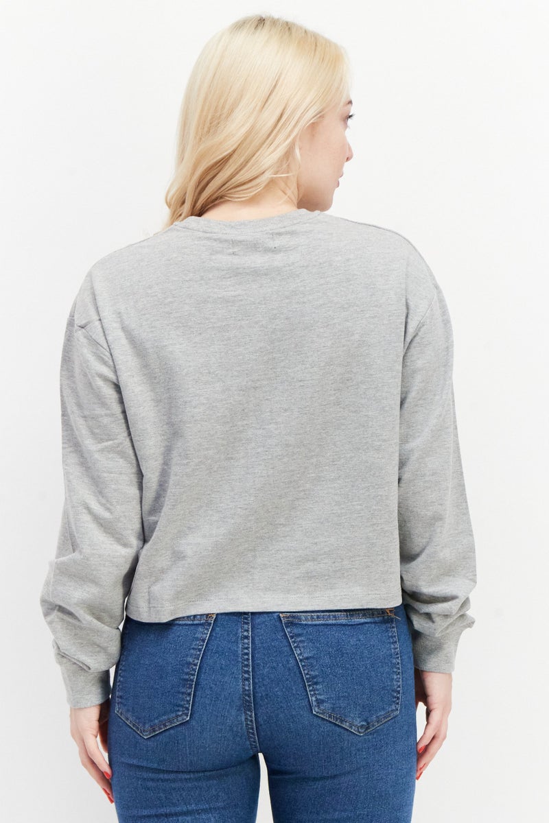 BRAVE SOUL Women Crew Neck Long Sleeves Solid Sweatshirt, Grey - Image 3