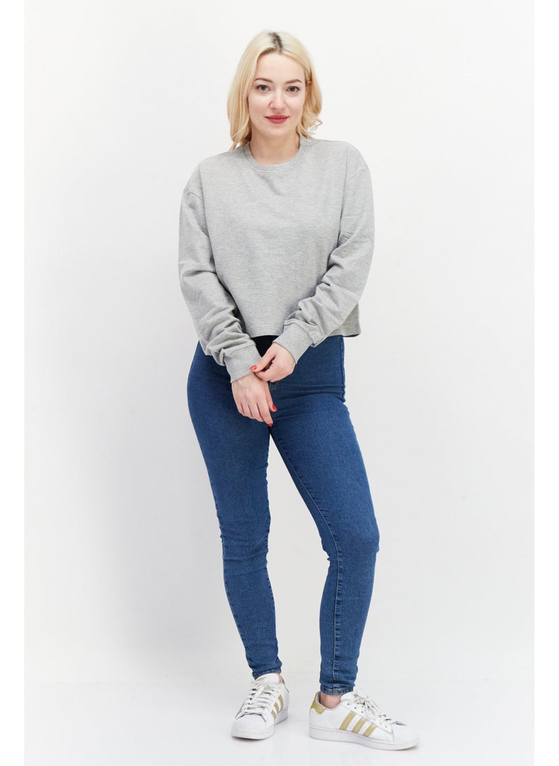 BRAVE SOUL Women Crew Neck Long Sleeves Solid Sweatshirt, Grey - Image 5