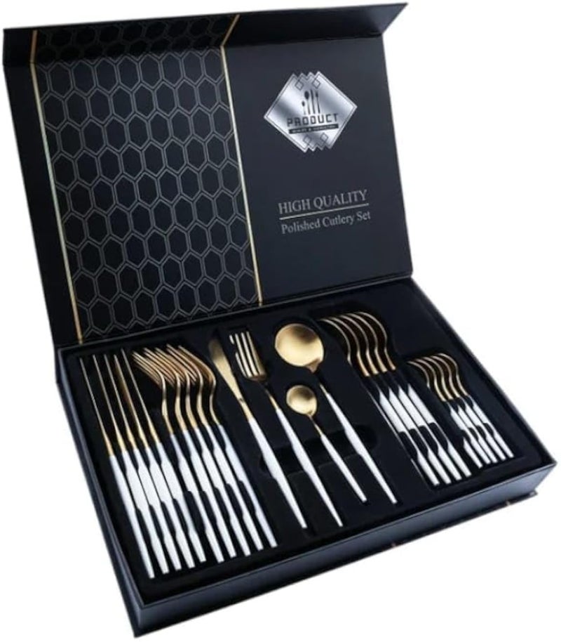 Cutlery Set Stainless Steel 24 Pcs With Box Spoons Forks Knives Heavy Duty Tableware For Everyday Use And Special Occasions Durable Easy To Clean Flatware (White & Gold)