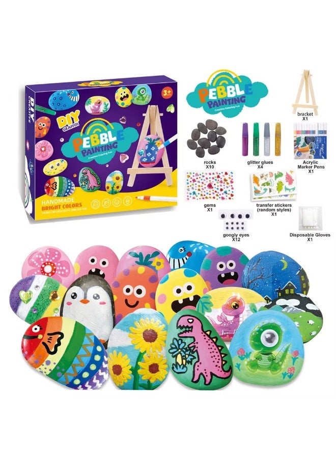 Twisoo DIY Pebble Painting Kit for Kids, Rock Painting Art Set with 10 Natural Stones, Acrylic Paint Markers, Glitter Glue, Gems, Googly Eyes, Transfer Stickers & Wooden Easel, Creative Craft Gift for Boys & Girls 3+ - Image 1